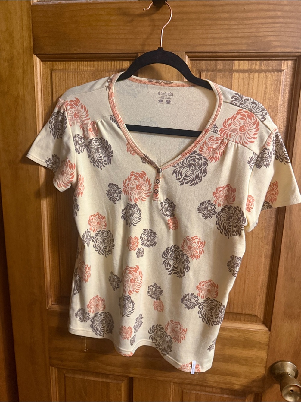 Columbia Cream Short-Sleeve Floral Henley with Coral and Gray Blooms